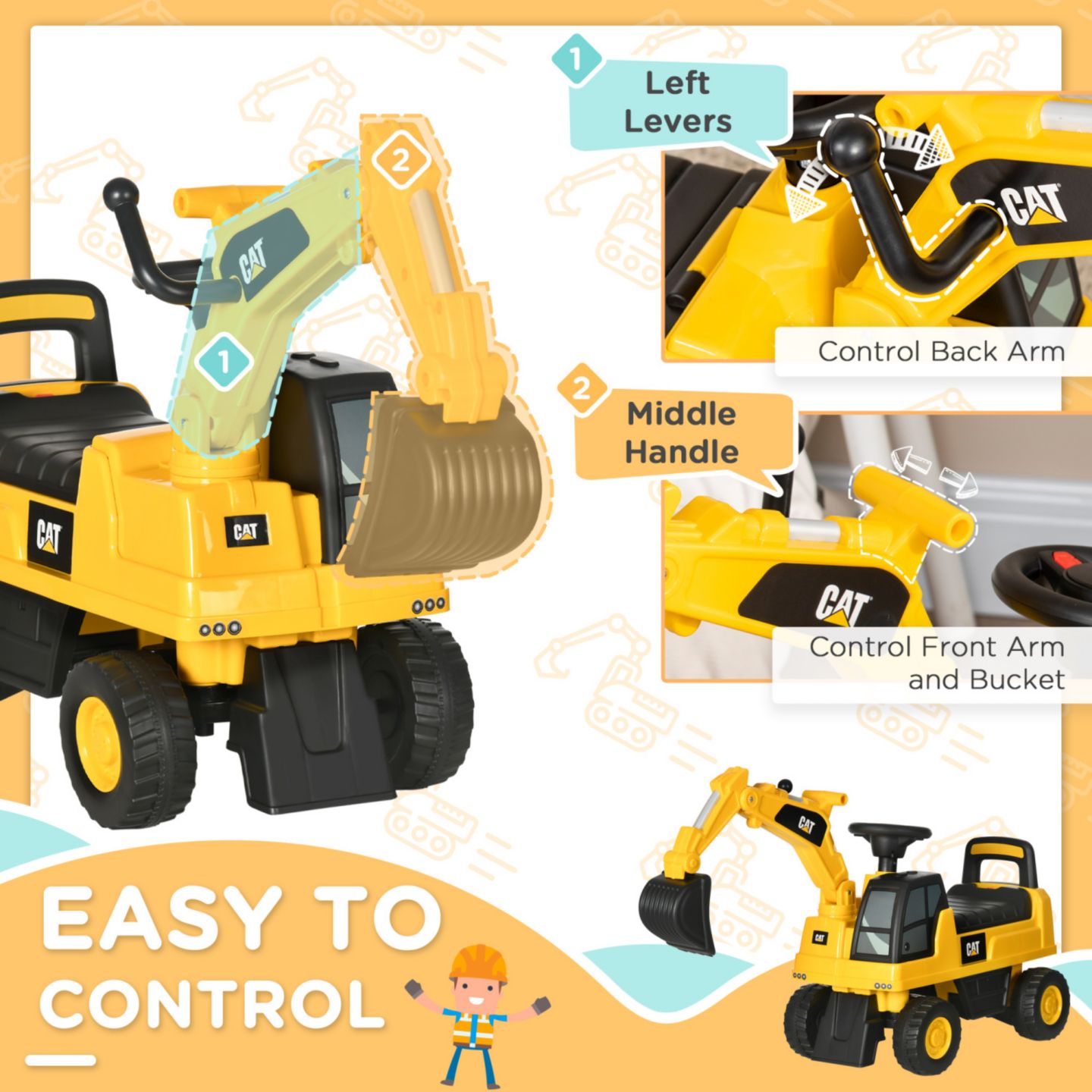 Детская игрушка Streamdale Furniture CAT Excavator Ride-On Toy with Manual Shovel, 55 lbs Capacity, Ages 18-36 Months, цвет: Жёлтый — фото 5