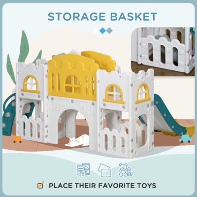 8 in 1 Toddler Slide for Kids Age 1-3 Years, Indoor Kids Slide Playset with Basketball Hoop, Climber, Telescope, Tunnel, Steering Wheel, Aisle, Storage Baskets, Yellow