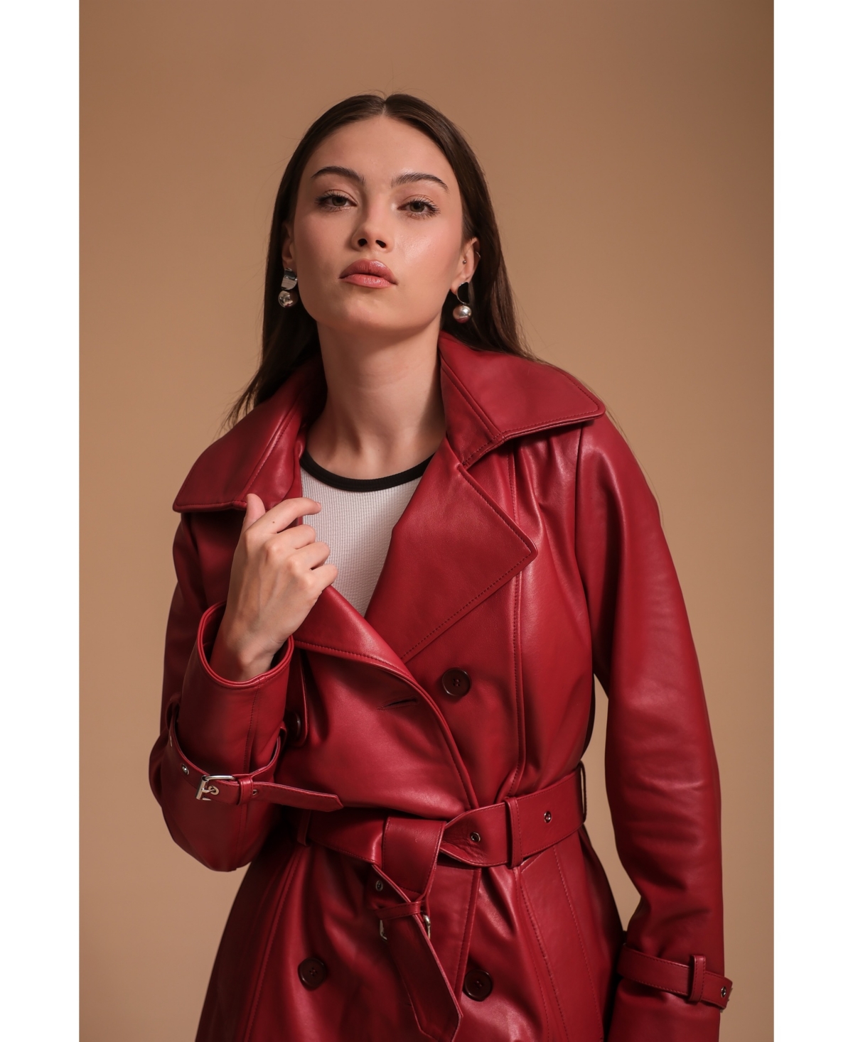 Women's Leather Trench Coat, Burgundy, Created for Macy's