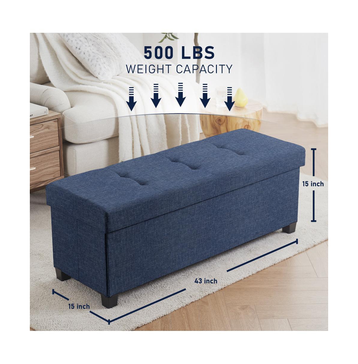 Ornavo Home Foldable Tufted 43 Inch Long Linen Bench Storage Ottoman with Legs