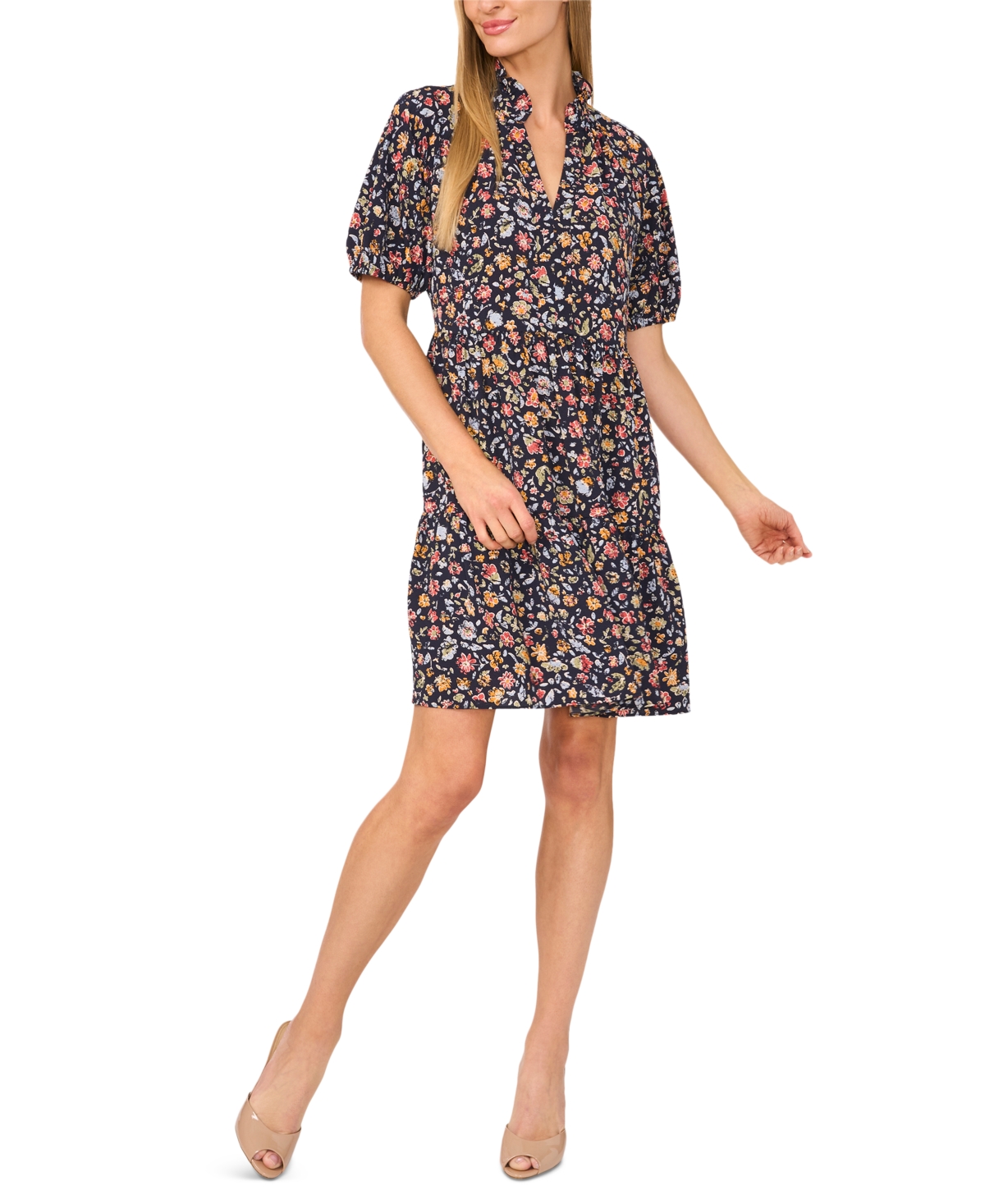 Shop Cece Women's Floral Ruffled Short Puff-sleeve Dress In Classic Navy