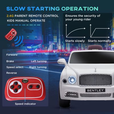 Bentley Mulsanne 12V Ride on Car, Battery Powered Car with Remote Control, Suspension, Startup Sound, LED Lights, MP3, Horn, Music, Forward and Backward, 2 Motors, White