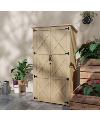 Wooden Garden Shed, Outdoor Storage Cabinet with Waterproof Asphalt Roof, Narrow Tool Shed with Shelves and Lockable Doors, Natural