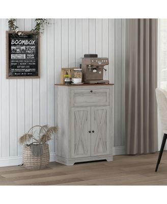 Farmhouse Barn Door Accent Cabinet, Kitchen Sideboard Storage Cabinet with Double Doors, Drawer, and Adjustable Shelf for Bedroom, Living Room, Light Gray