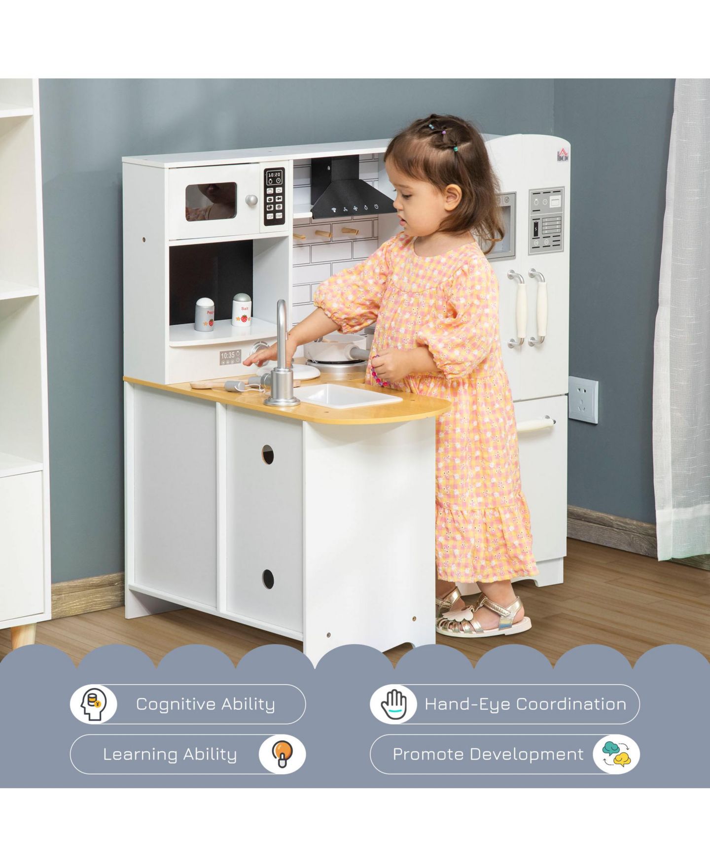 Детские игрушки Streamdale Furniture Wooden Play Kitchen with Sound Effects, 14-Piece, Ages 3+, цвет: Серебристый — фото 6