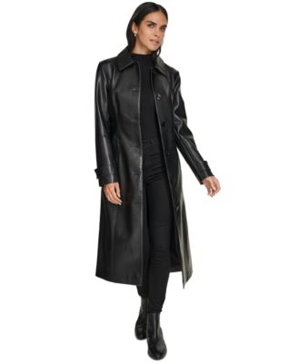 Women's Belted Faux-Leather Trench Coat