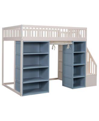  Full Size Loft Bed with 2 Four-layer Storage Cabinets and Curtain