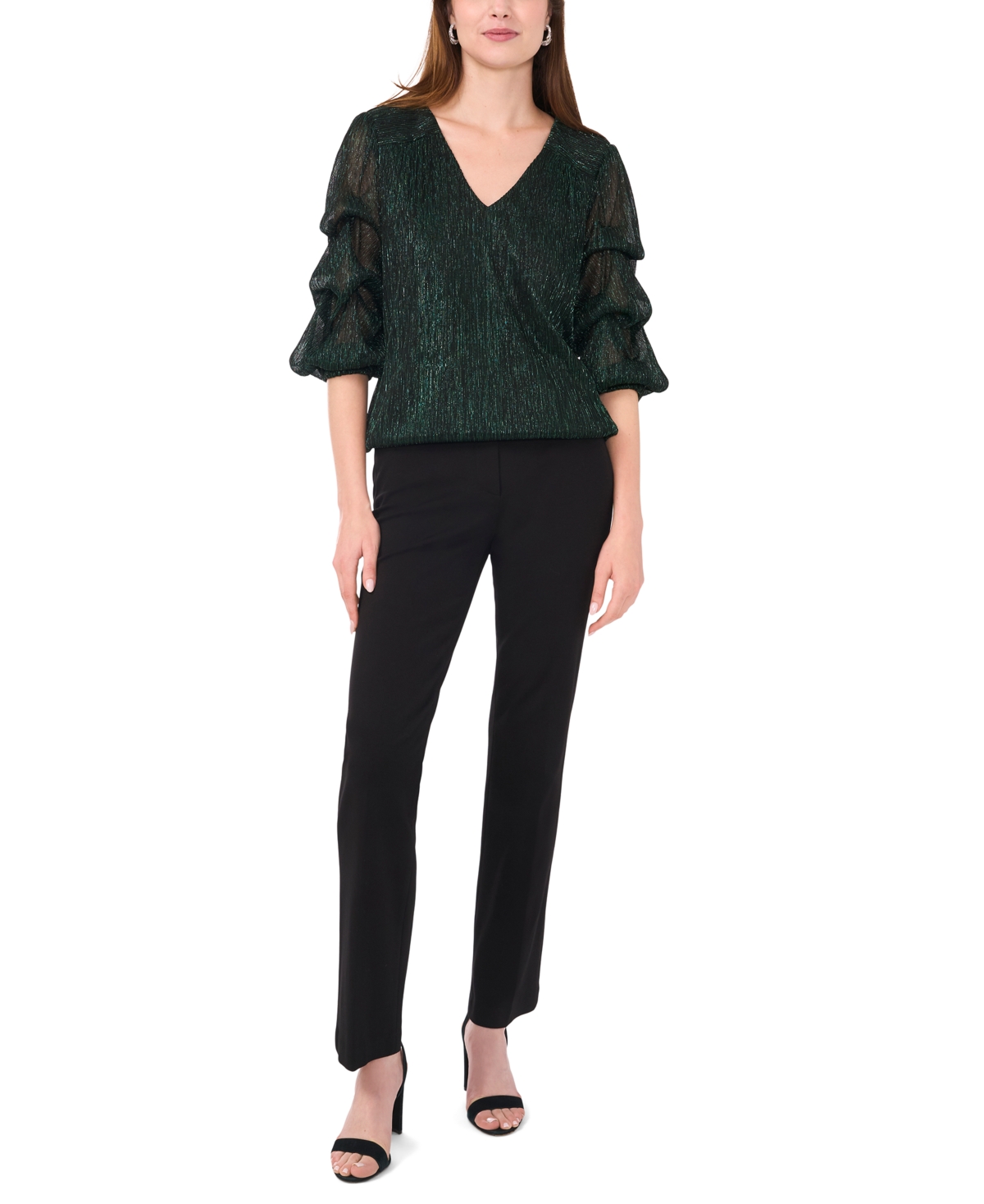 Msk Petite Metallic Lantern-Sleeve Top -Green