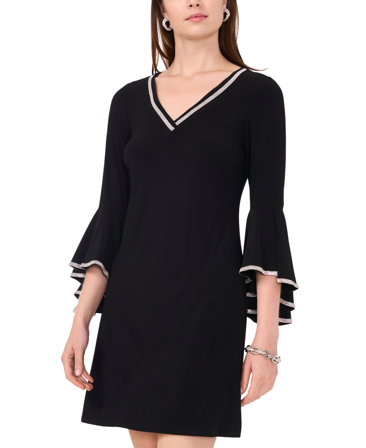 MSK WOMEN'S METALLIC-TRIM BELL SLEEVE SHIFT DRESS 