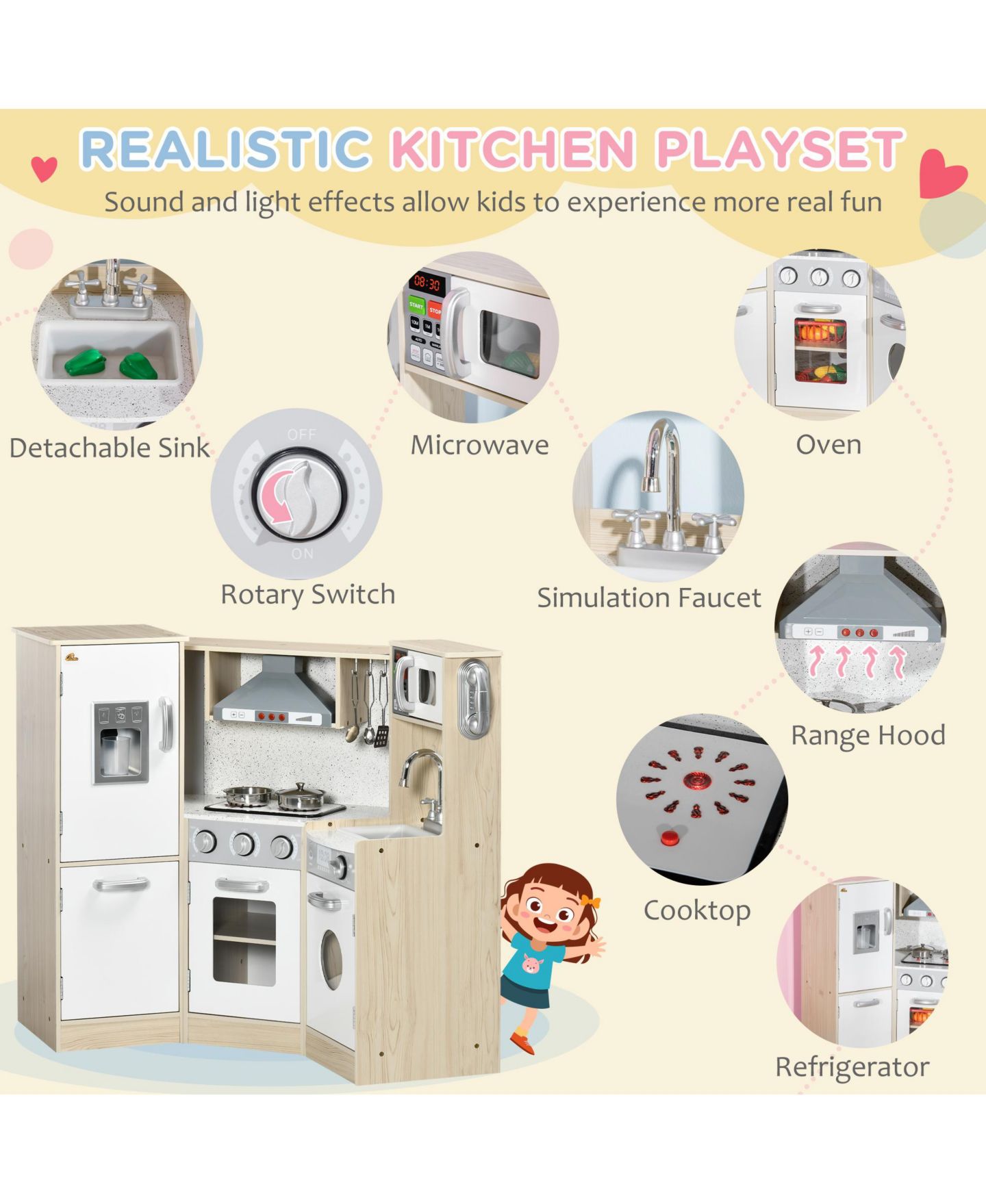 Детская игрушка Streamdale Furniture Qaba Ultra-Big Corner Play Kitchen with Sound Effects, Ages 3-6, цвет: Белый — фото 3