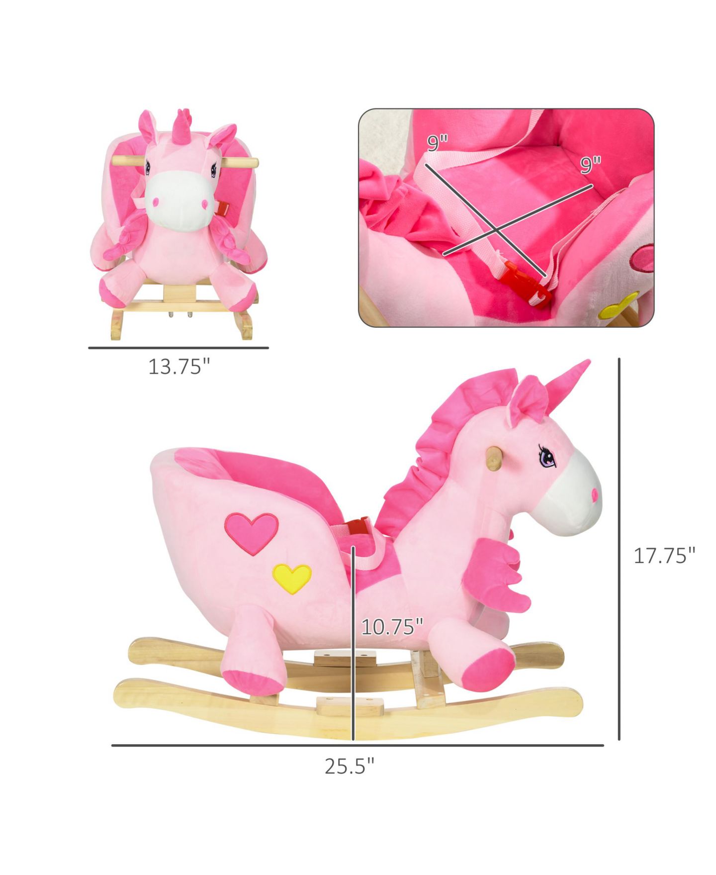 Детские мягкие игрушки Streamdale Furniture Plush Rocking Unicorn with 32 Songs and Safety Belt, Supports 66 lbs., Ages 18-36 Months — фото 4