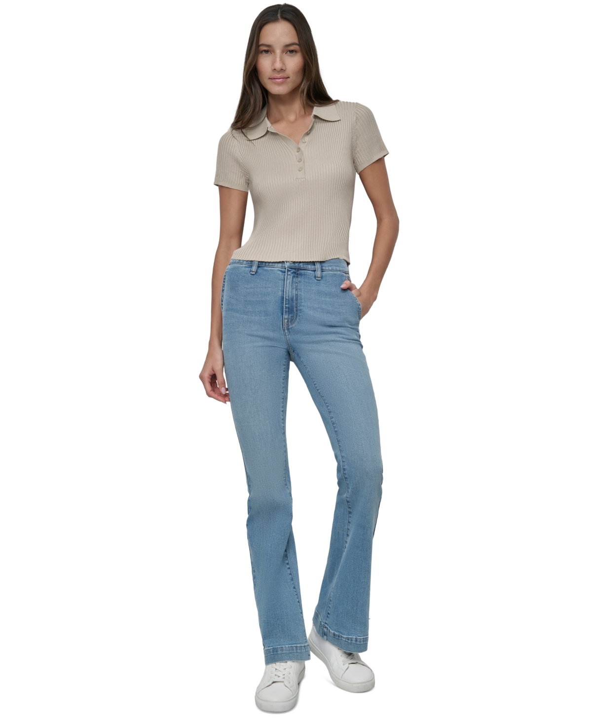 Dkny Jeans Women's Short-Sleeve Ribbed Knit Polo Shirt - PBL - PEBBLE