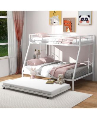 Twin Over Full Metal Slats Bunk Bed Frame with Trundle, Guard Rail & Ladders