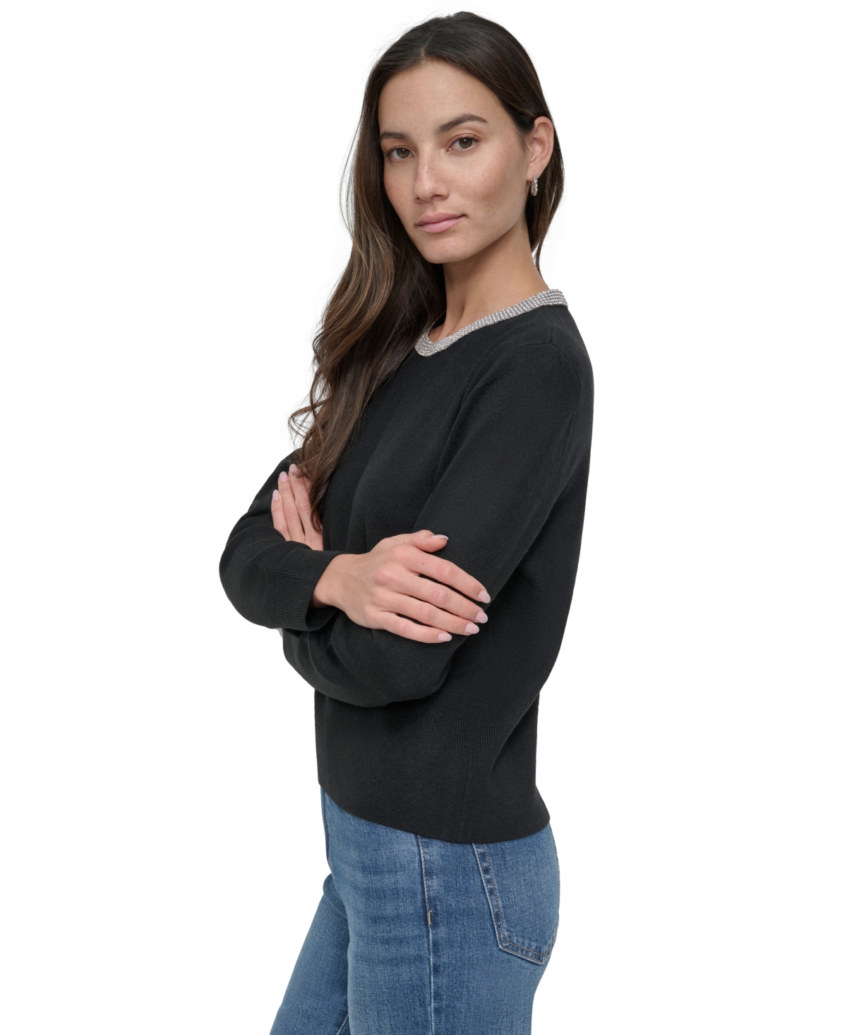 Dkny Jeans Women's Rhinestone Collar Crewneck Sweater - BLK - BLACK