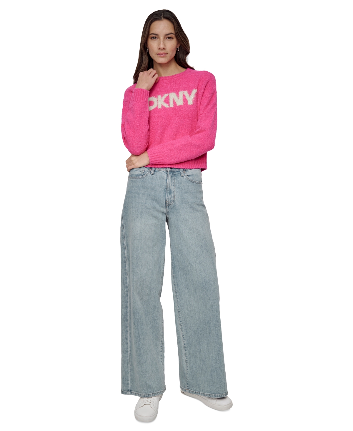 DKNY JEANS WOMEN'S TINSEL LOGO BOUCLE SWEATER 