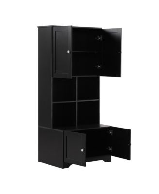 Tall and Wide Bathroom Floor Storage Cabinet, Bathroom Storage Unit, Freestanding Cabinet with 4 Doors, Adjustable Shelves, Open multi-layer Shelves