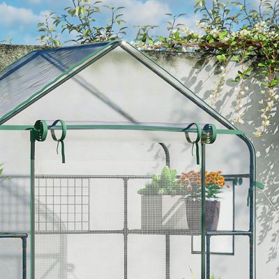 Outdoor Walk-in Mini Greenhouse with Mesh Door & Windows, Small Portable Garden Green House with 3 Tiers 6 Shelves, Trellis, & Plant Labels