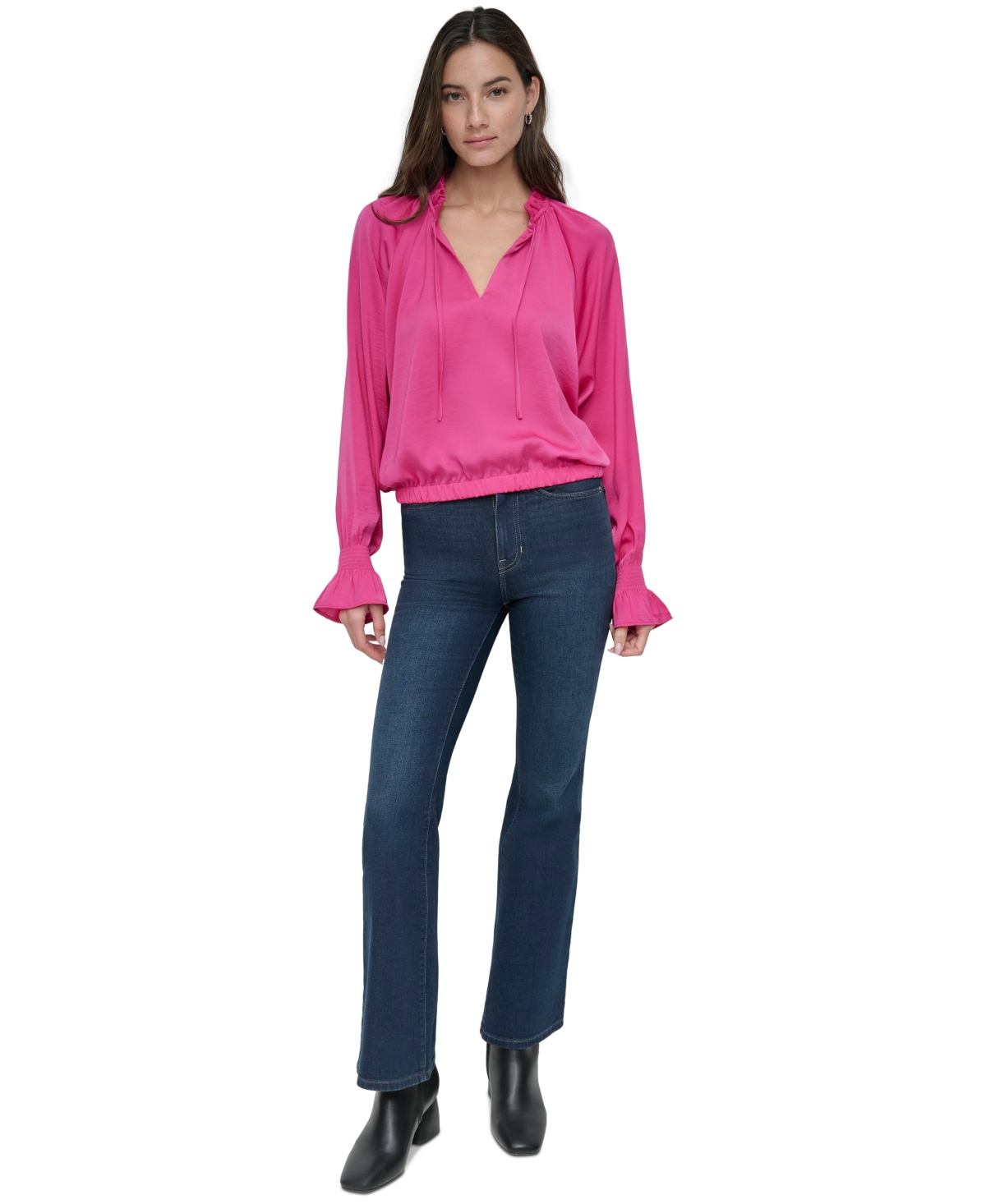 DKNY JEANS WOMEN'S SMOCKED-CUFF RAGLAN-SLEEVE BLOUSE 