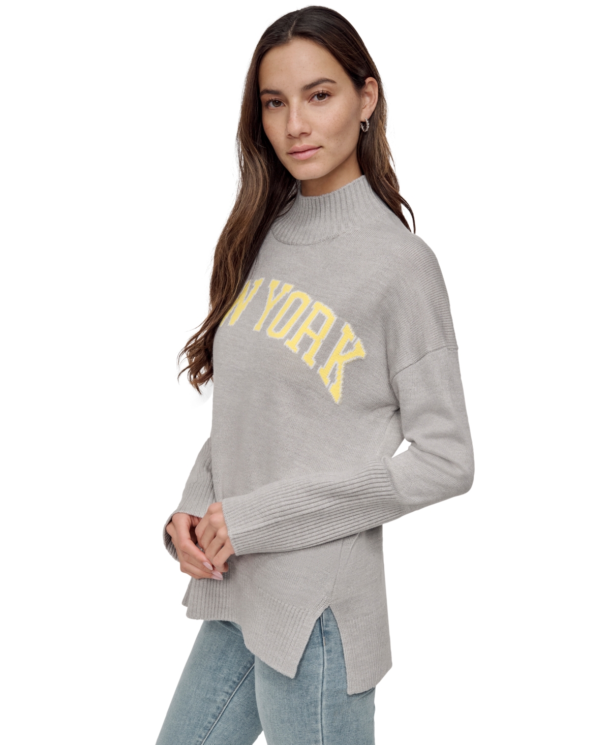 Dkny Jeans Women's New York Intarsia-Knit Mock Neck Sweater - J1G - PRL GRY HR/ACD YLW