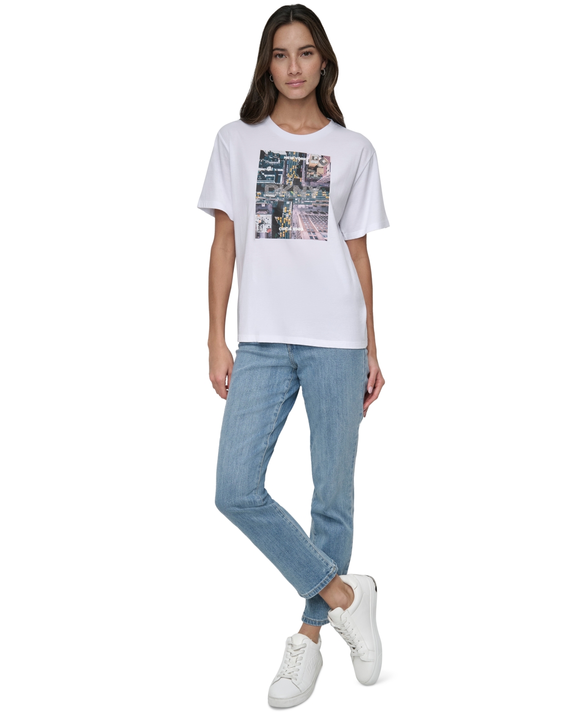 Dkny Jeans Women's Aerial Photo Print Rhinestone Logo T-Shirt - WHT - WHITE