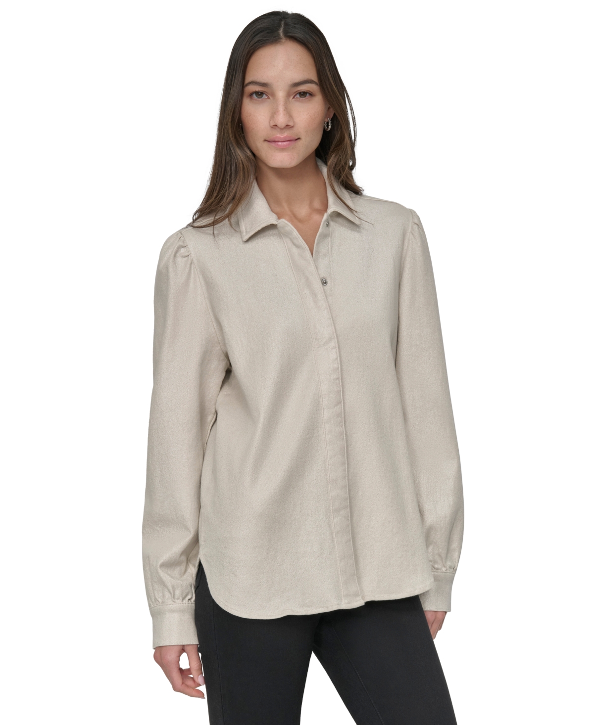 Women's Cotton Puffed-Shoulder Denim Shirt - IFR - ECRU/SILVER