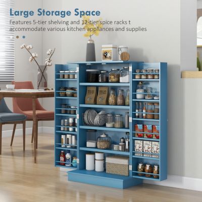 41" Kitchen Pantry Storage Cabinet, Freestanding Kitchen Cabinet with 12 Door Shelves, Double Doors, 5-tier Shelving and Adjustable Shelves, Blue