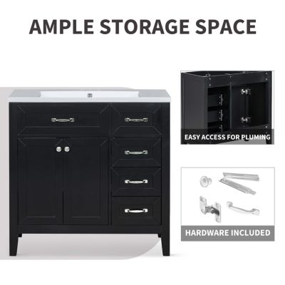 36" Solid Rubberwood & MDF 2 Doors & 3 Drawers Vanity Cabinet Base Only