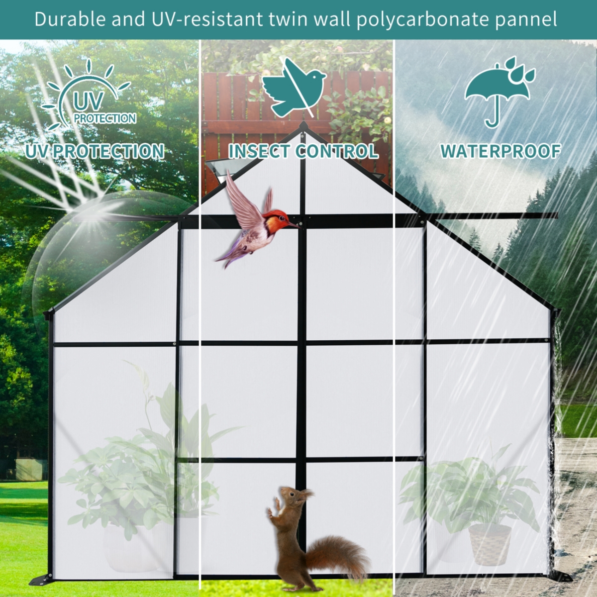 8x8 Ft Double Door Polycarbonate Greenhouse Raised Base and Anchor Aluminum Heavy Duty Walk-in Greenhouses for Outdoor Backyard in All Season, Black