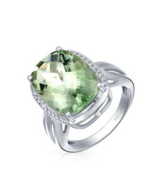 6CT Cushion Cut Zircon Accented Light Green Solitaire Statement Natural Prasiolite Ring For Women Sterling Silver Split Shank