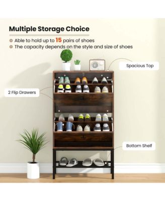 MDF and Metal Industrial Shoe Storage Cabinet with 2 Flip Drawers and Bottom Shelf