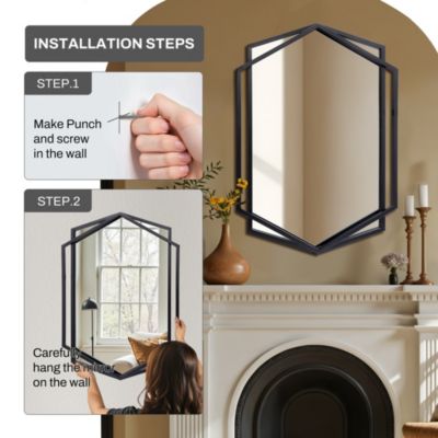 32" Black Metal Hexagon Frame Wall Accent Mirror Wall Mounted Bathroom Vanity Mirror Decor