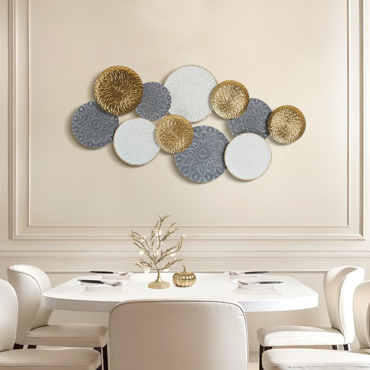 LuxenHome 48-In Wide Connected Circles Metal Wall Decor Sculpture - gold, white