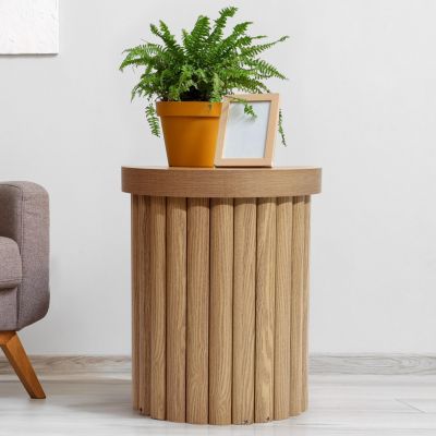 Wood Fluted Round Side Table Mid Century Modern Small End Table for Small Spaces