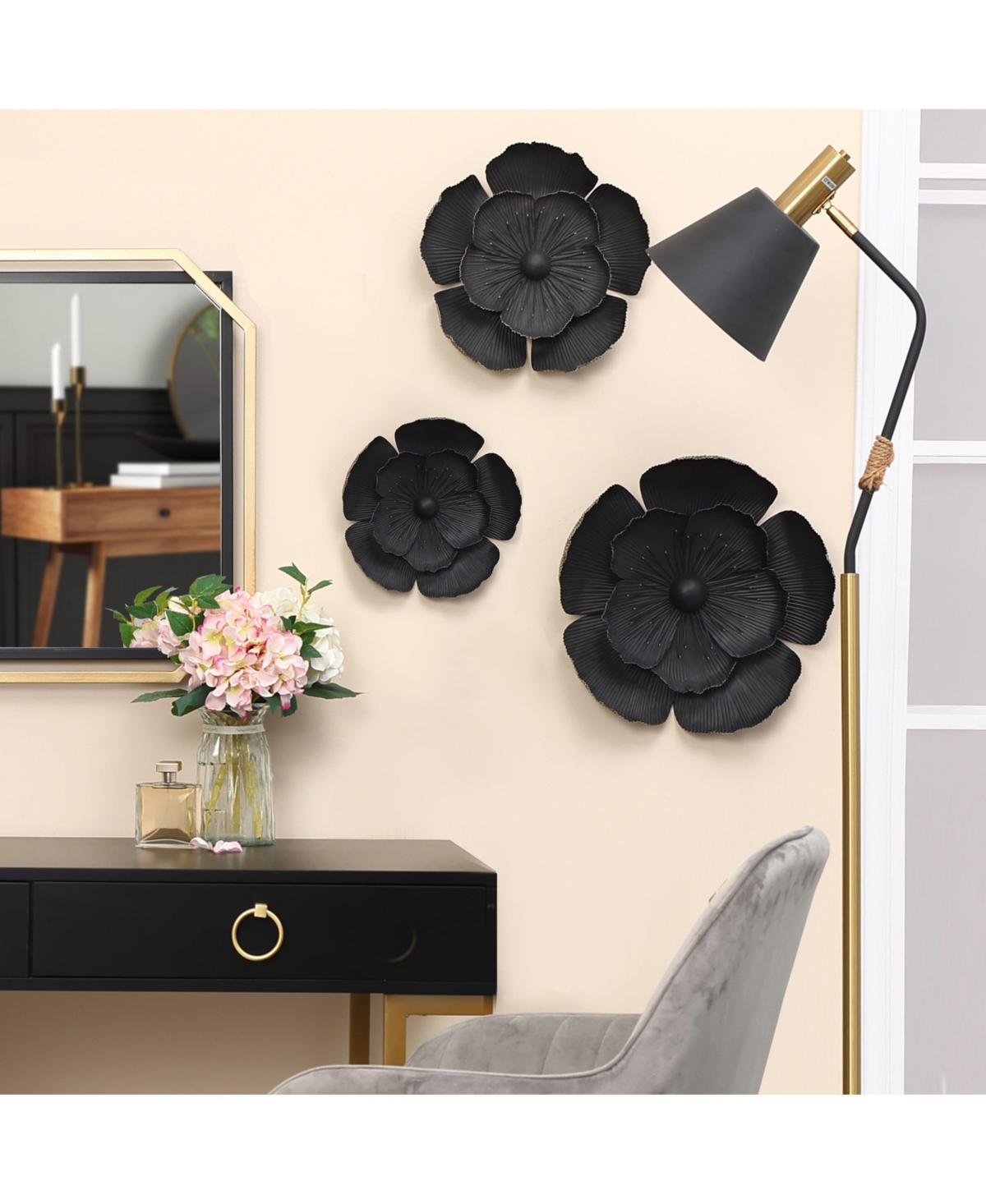 LuxenHomewith Gold Metal Flowers Wall Decor (Set of 3) - Black