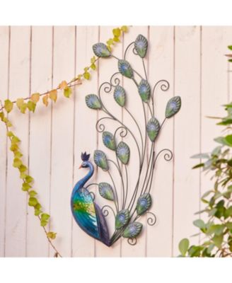29.5-Inch H Peacock Metal and Glass Outdoor Wall Decor