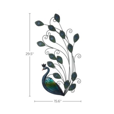 29.5-Inch H Peacock Metal and Glass Outdoor Wall Decor