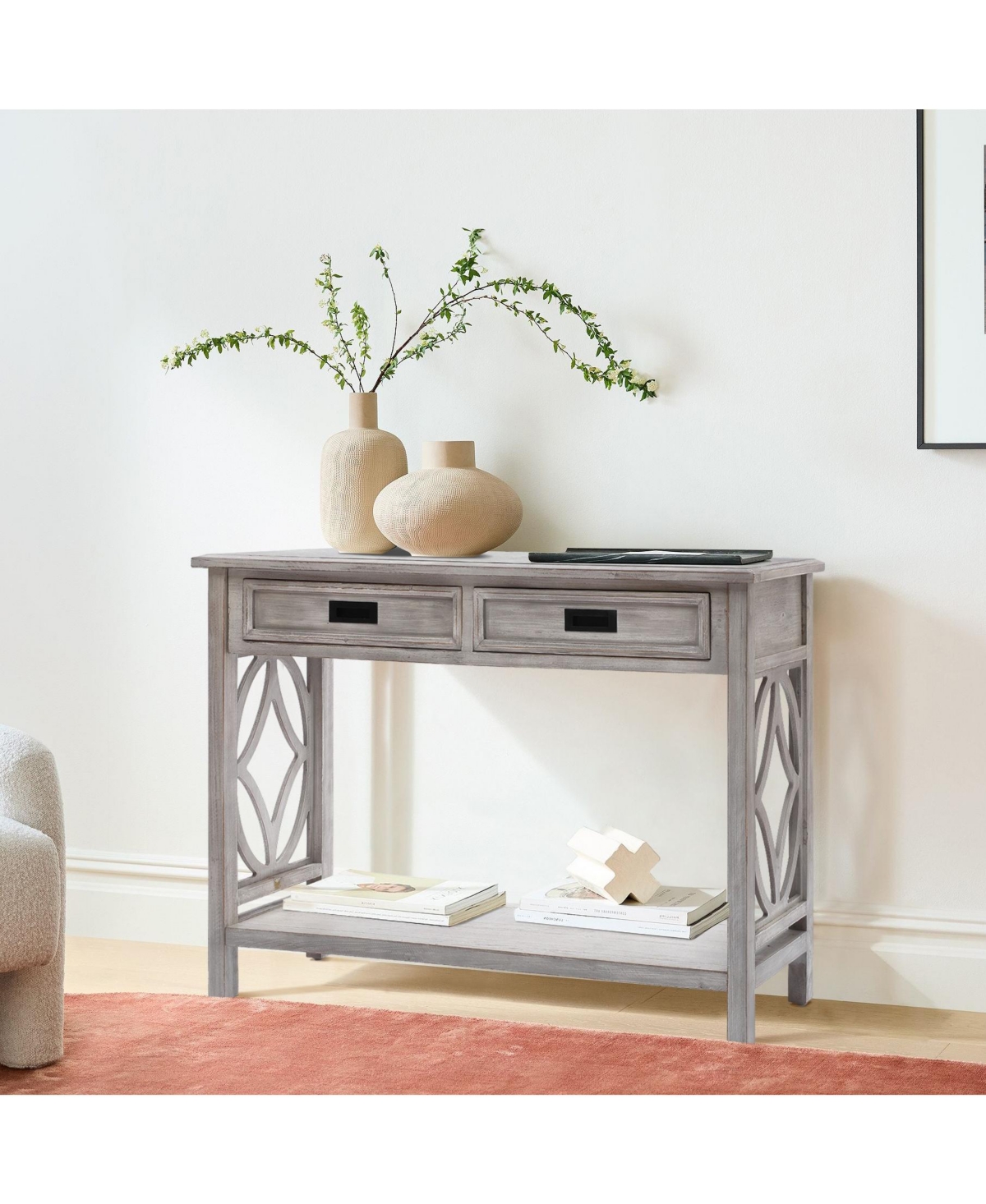 LUXENHOME GRAY WOOD 2-DRAWER 1-SHELF CONSOLE AND ENTRY TABLE 