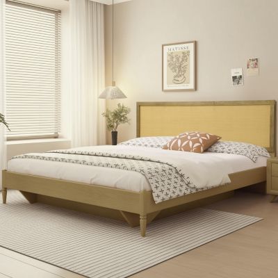 Natural Finish Rubberwood with Rattan Panel Headboard, Queen