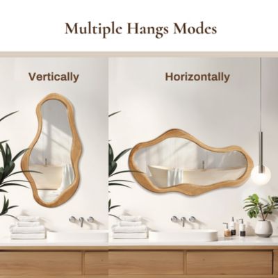 Natural Pine Wood Frame Irregular Oval Wall Mirror Decor Wall Mounted Accent Hanging Mirror