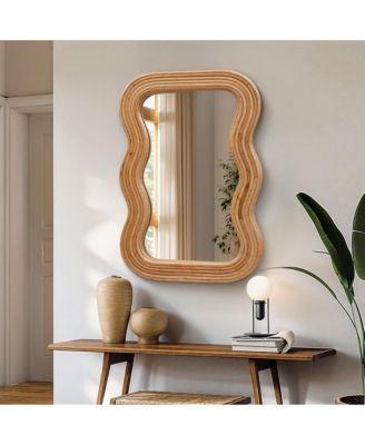 39-Inch Tall Rectangular Natural Cork Wood Wavy Frame Accent Wall Mirror
