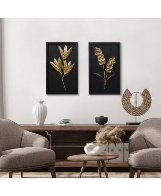 2-Piece Flower Bouquet Modern Wall Decor Set Black and Gold Abstract Wall Art Hanging Decoration