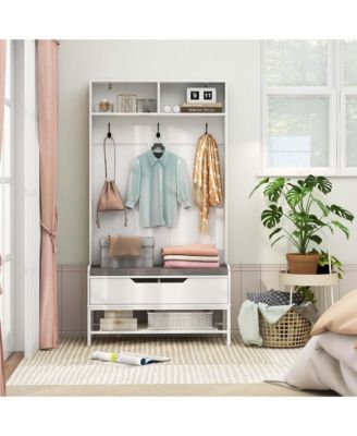 69" Tall Hall Tree with Seat Cushion Open Compartments Hooks Lift-top Storage