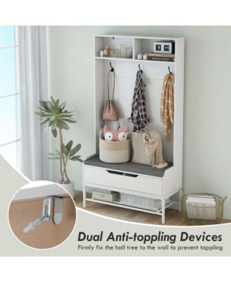 69" Tall Hall Tree with Seat Cushion Open Compartments Hooks Lift-top Storage