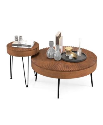 Farmhouse Round CoffeeTable Set of 2 End Table Natural Finish for Living Room Coffee