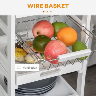 Mobile Kitchen Cart, Rolling Kitchen Island with Storage, Solid Wood Frame Utility Cart with Wire Fruit Baskets, Trays and Drawer, White