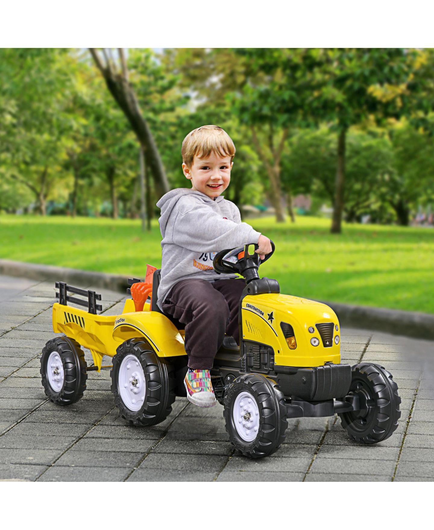 Детская игрушка Streamdale Furniture Farm Tractor with Storage Trailer, Manual Pedal, Horn Ride-On Toy, 77 lbs. Capacity, Ages 3+, цвет: Жёлтый — фото 4