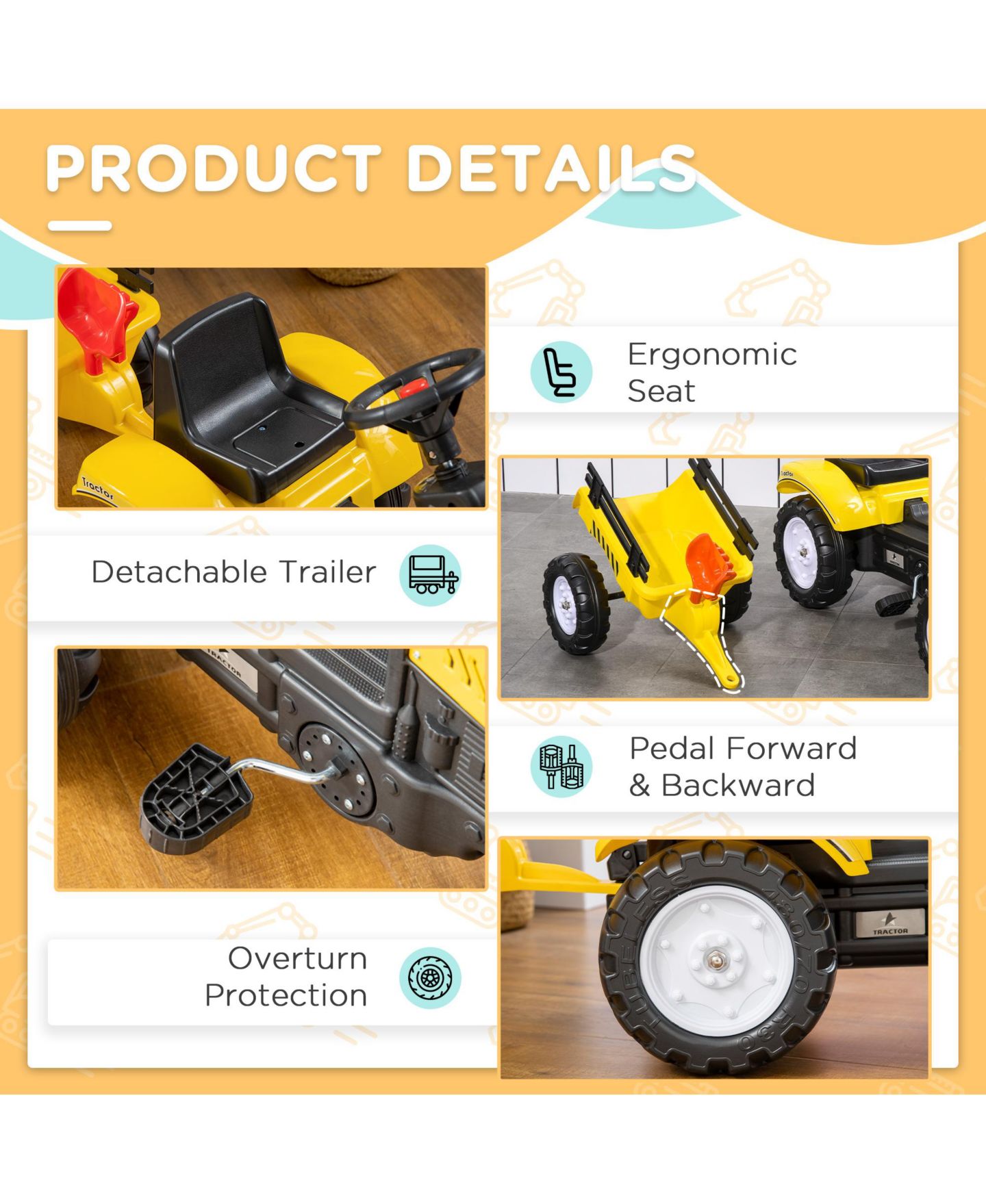 Детская игрушка Streamdale Furniture Farm Tractor with Storage Trailer, Manual Pedal, Horn Ride-On Toy, 77 lbs. Capacity, Ages 3+, цвет: Жёлтый — фото 8