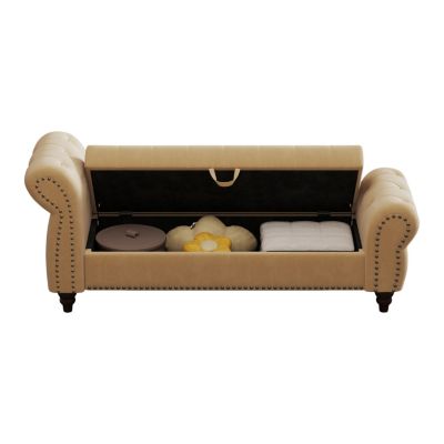 Khaki Velvet Bed Bench with Storage