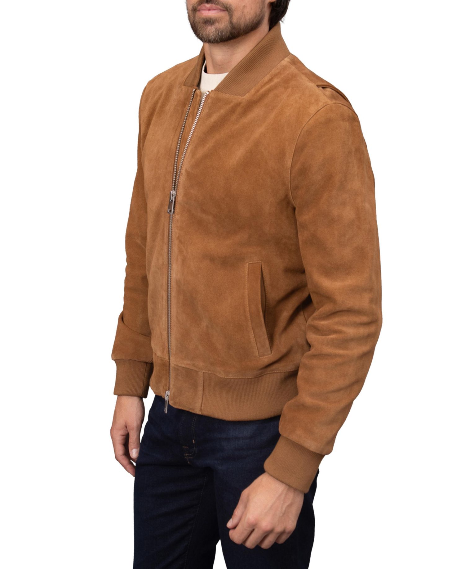 Men's Genuine Suede Angled Rib-Knit Collar Bomber Jacket
