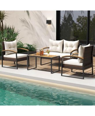 4 PCS Patio Conversation Set with Coffee Table Solid Acacia Wood Armrests Tabletop